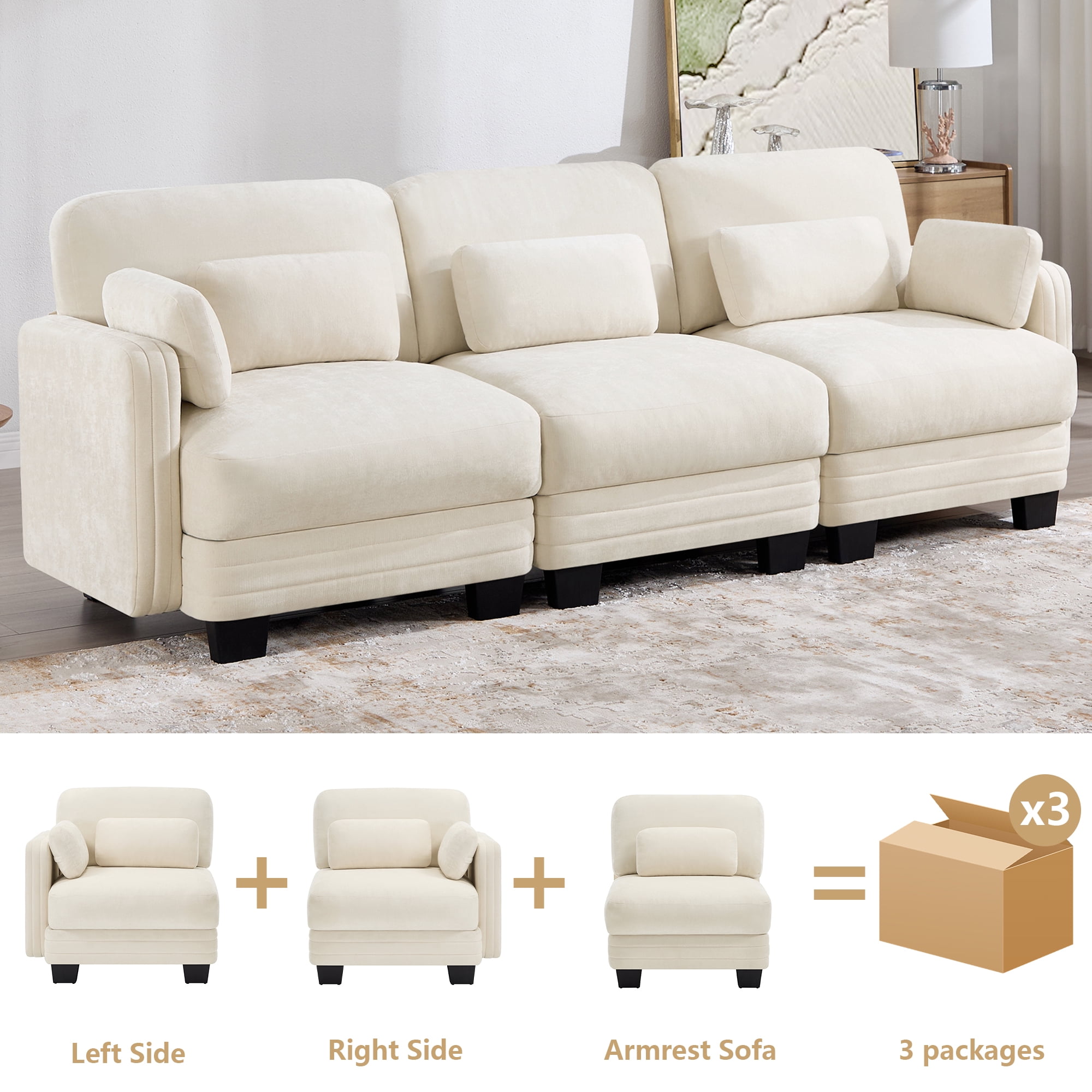 100" Modern Modular 3 Seater Sofa Couch with 5 Pillows
