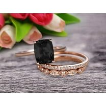 Trio Set Art Deco 2.30 Carat 8x6mm Cushion Cut Black Diamond Moissanite Engagement Ring Wedding Set On 10k Rose Gold Shining Startling Ring Anniversary Gift