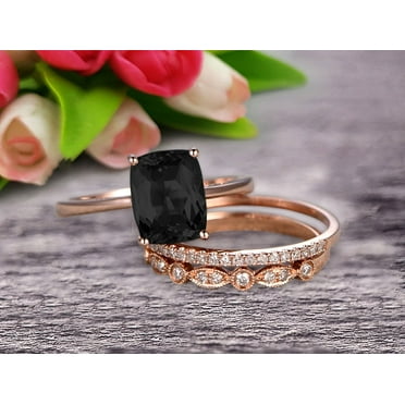 Trio Set Art Deco 2.30 Carat 8x6mm Cushion Cut Black Diamond Moissanite Engagement Ring Wedding Set On 10k Rose Gold Shining Startling Ring Anniversary Gift
