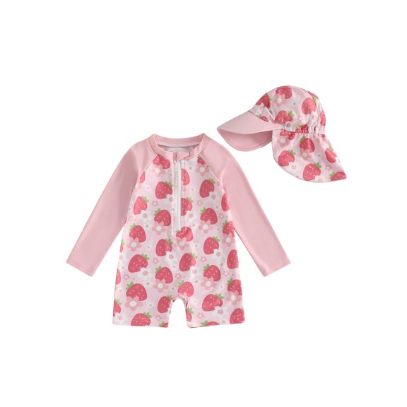 BemeyourBBs Toddler Baby One Piece Swimsuit with Sunhat Set Infant Girl Bathing Suit Long Sleeve Rash Guard Floral Bow Strawberry Print Half Zipper Swimwear Summer Beachwear