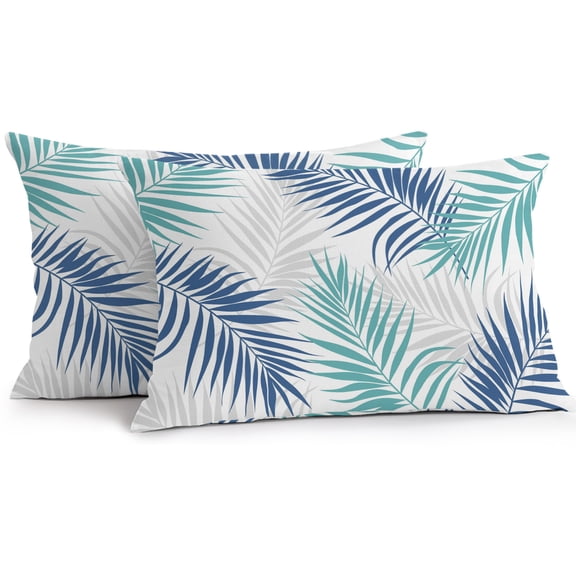 Lumbar Pillow Covers 20x12 Inch Set of 2, Palm Leaves Waterproof Outdoor Pillow Covers, Modern Simple Tropical Plants Teal Navy Blue Decorative Cushion Pillowcases for Couch, Sofa, Bed, Garden, Patio
