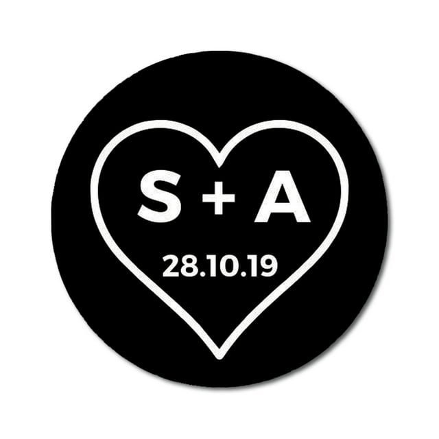 Darling Souvenir Round 45 Pieces Heart Save The Date Stickers Personalized Bride Groom Initials And Date Envelope Seals - Black