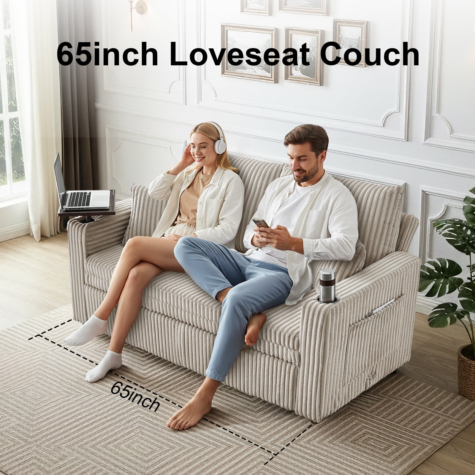 Dreamzie 3 in 1 Convertible Sofa Bed, 65” Sleeper Sofa with Pull Out Couch Bed, Corduroy Loveseat with 360° Swivel Side Table | USB Port | Adjustable Backrest for Living Room, Apartment (Light Grey)