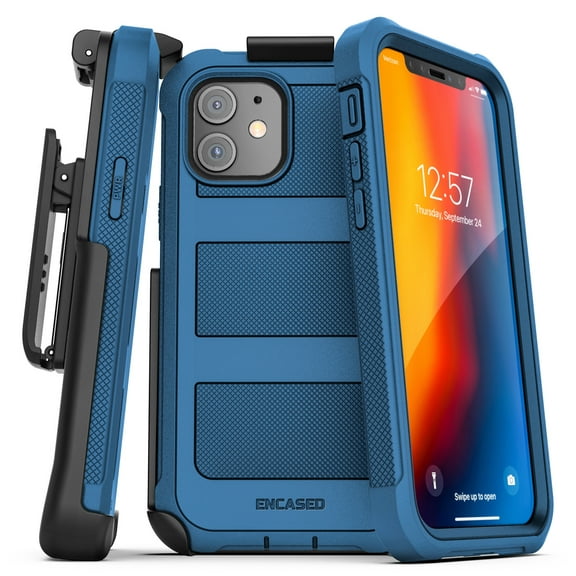 Encased Apple iPhone 12 Case with Screen Protector and Belt Clip (Falcon) Protective Full Body Cover with Build-in Screen Guard and Holster - Navy Blue