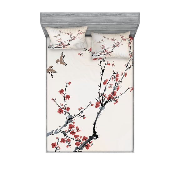 Ambesonne Floral Fitted Sheet & Pillow Sham Set, Style Art Birds, Queen, Pale Maroon Black