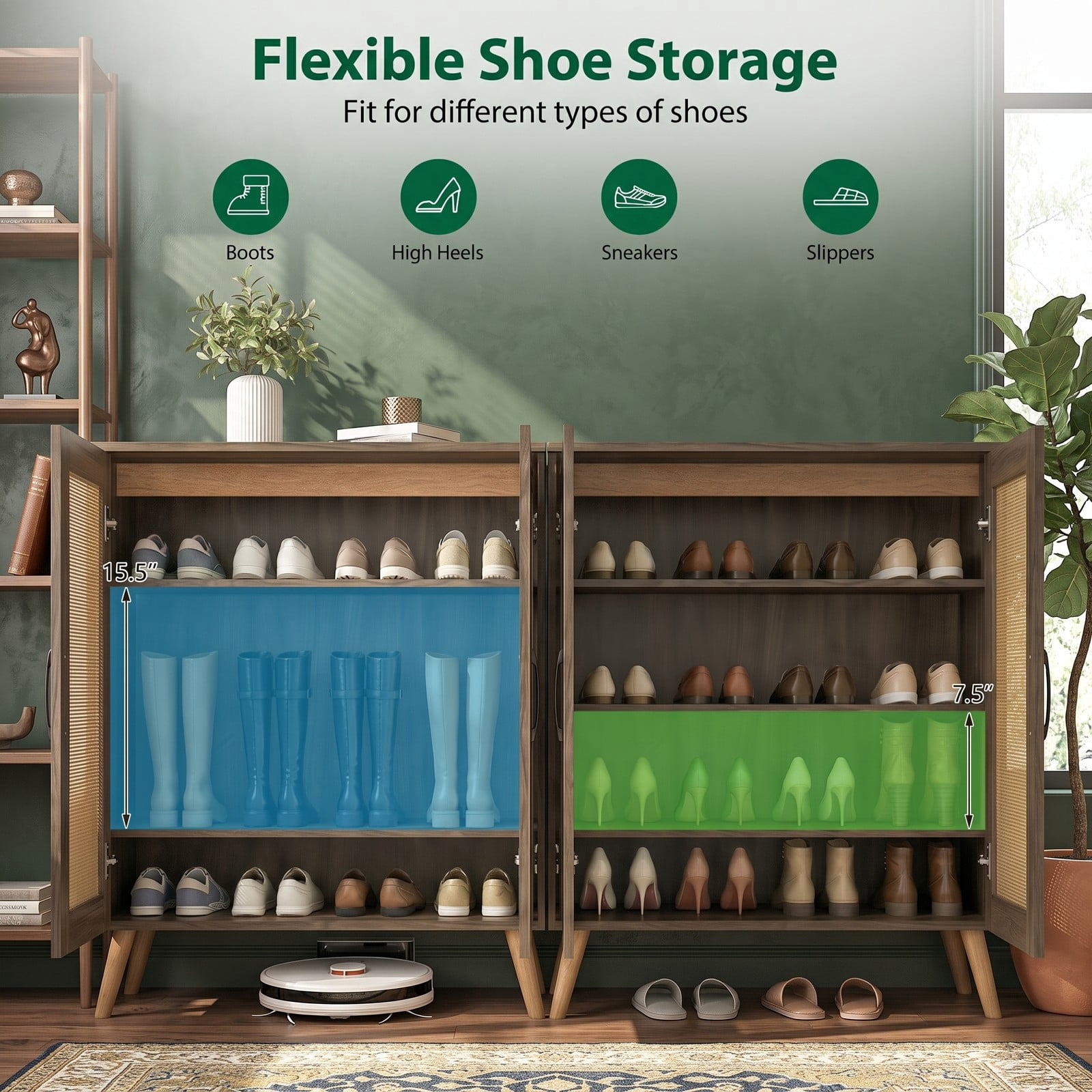 Furnibear 5-Tier Rattan Shoe Cabinet with 3 Removable Shelves and Woven Doors for Entryway and Hallway Shoe Storage, Walnut