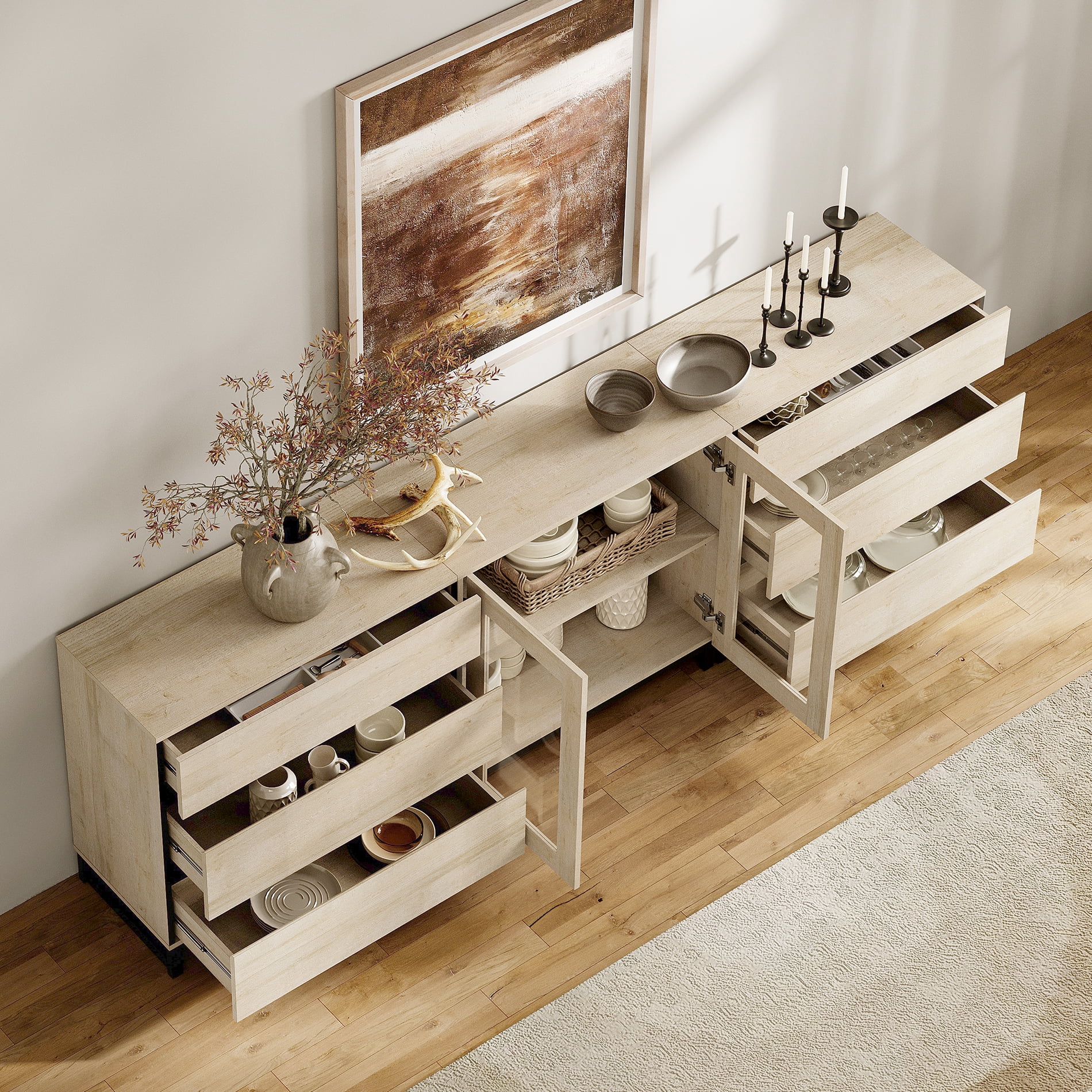 3 In 1 Multifunctional Sideboard Buffet Cabinets With Glass Doors And 6 Drawers, Modern Sideboard Credenza With Adjustable Shelf And Metal Base,Storage Cabinet For Living Room, Kitchen