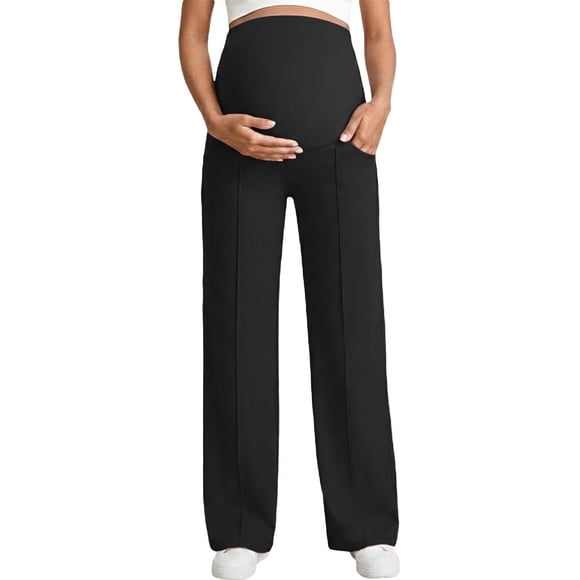 ’S Winter Maternity Straight Leg Pants – High Waist Over Bump High Stretch & Breathable Plus Size Pants Black M