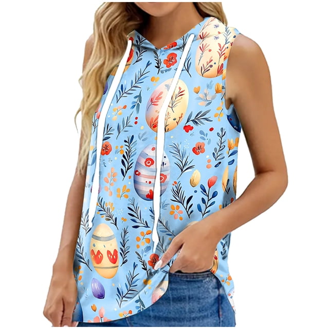 Tops de Ajuste Suelto para las Mujeres de Moda Impresa con Capucha sin Mangas, Poliéster