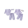 thumbnail image 2 of Baby Toddler Girl Fall Outfit, 0 3 6 12 18 24 Months Ruffle Long Sleeve Ribbed Romper Elastic Waist Pants with Fixed Belt Bow Headband, 2 of 9