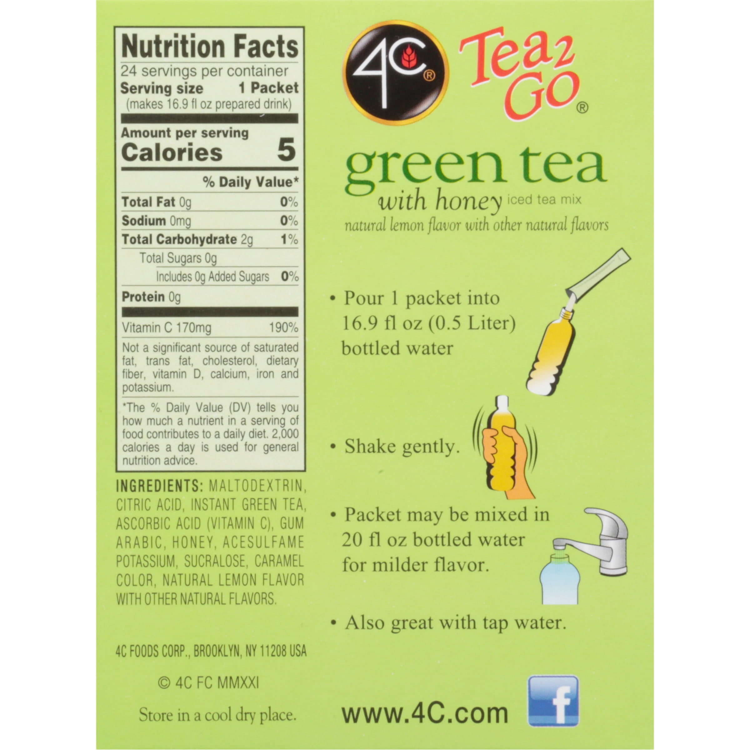 4C 24 Packets Tea2Go Green Tea with Honey Sticks