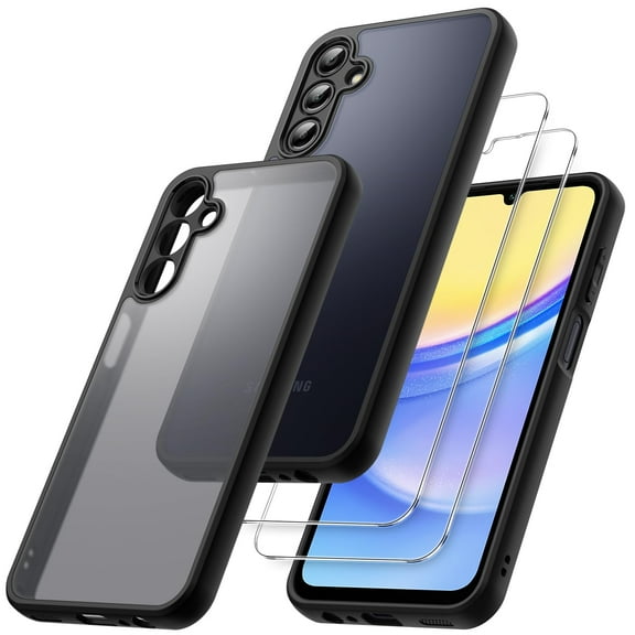 JETech 3 in 1 Matte Case for Samsung Galaxy A15 5G / 4G 6.5-Inch with 2-Pack Tempered Glass Screen Protector, Translucent Frosted Shockproof Phone Cover with Camera Protection (Black)