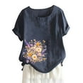 thumbnail image 3 of TYGHBN Women's Summer Comfort Linen Round Neck Short Sleeve with Button Flower Print T Shirt Top Long Sleeve T Shirt Women Womens Solid Tee Shirts Athletic Wear Women Spandex Shirt Women Large Woman, 3 of 3