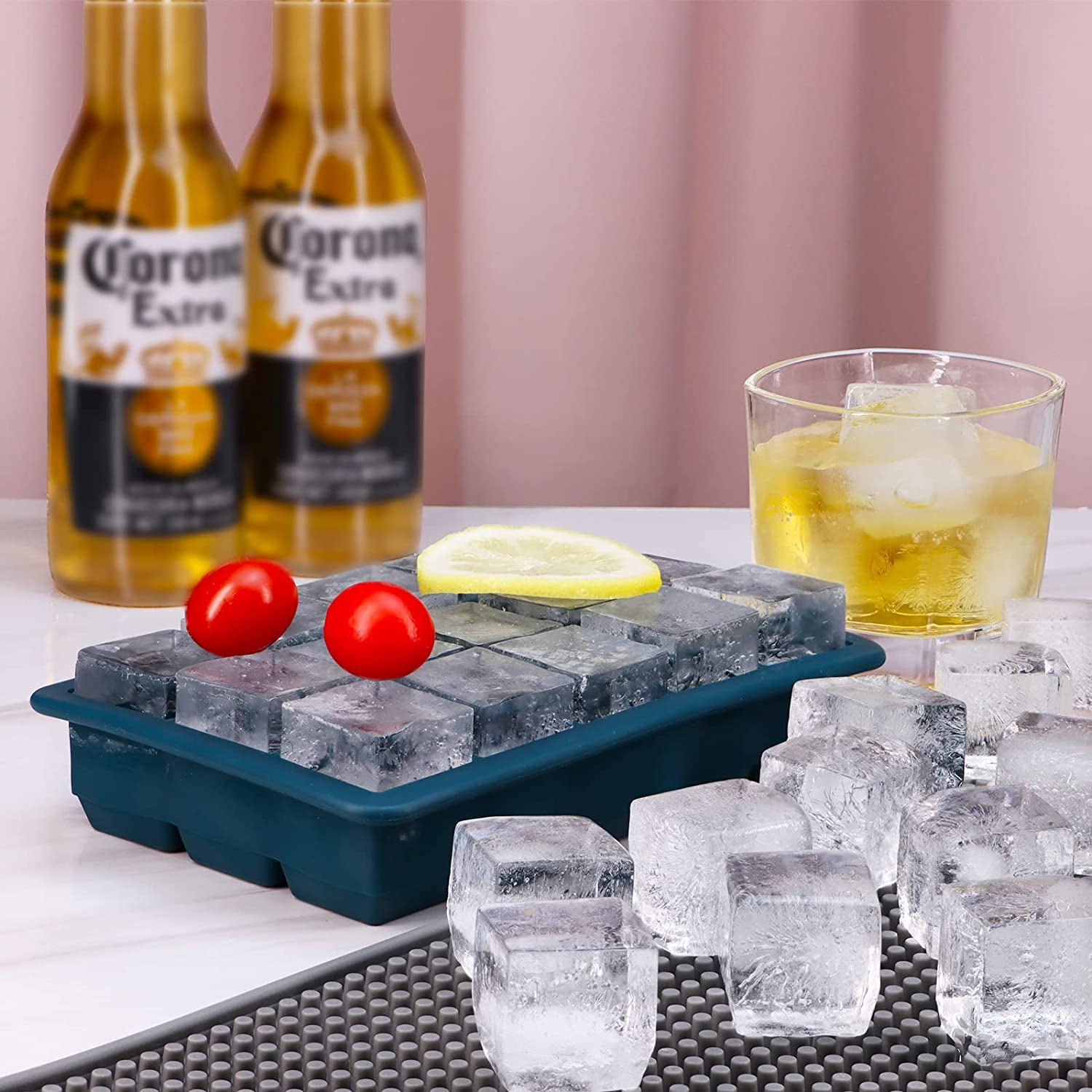 AYI&AYEE Silicone Ice Cube Trays with Lids - 2 Pack - 15 Cavities 1 2/5  inch (2 tbsp / 30ml / 1 fl oz) Square Ice Cubes Baking Molds - BPA free -  Easy
