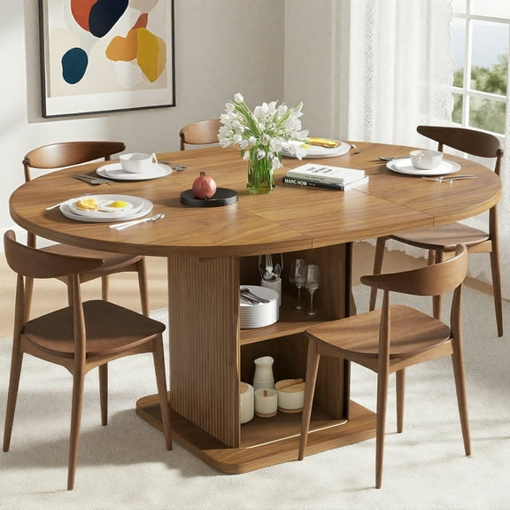 59 Inch Extendable Round Dining Table for 4-6, Kitchen Dining Table with Storage Shelf for Home Living Room, Walnut