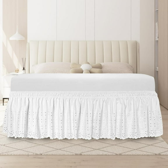 Queen Bed Skirt, Wrap-Around Elastic Ruffled Eyelet Bed Skirt Queen Size Dust Ruffle with Gathered Styling and Embroidered Details, 14" Drop Length (White)
