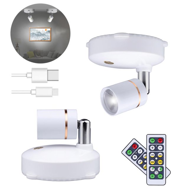 2 Pieces Spotlight LED Accent Ceiling Home Lights Battery Powered Remote Control Rotatable Focus Desk Lamp Display Closet Home Ceiling