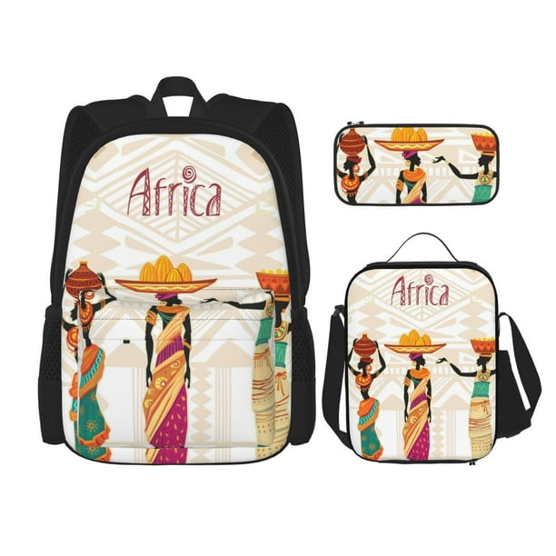 Disketp Black African Woman Mochila Estampada de Gran Capacidad con Lonchera y Estuche, Set de 3 Piezas para Estudiantes