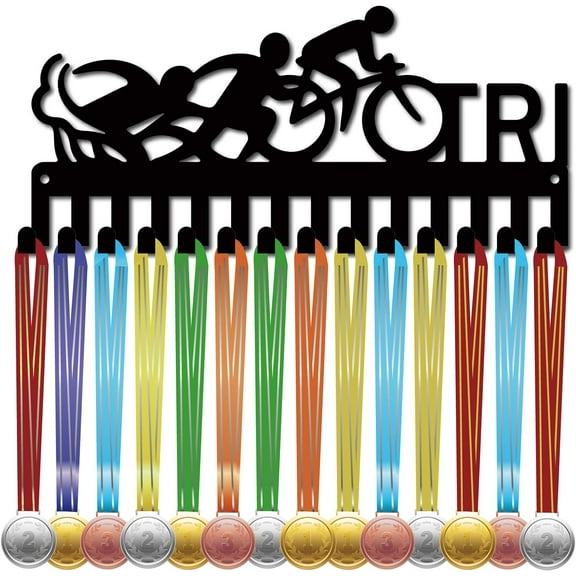Tri Medal Holder Triathlon Medal Hangers Display Rack Sports Hanging Athlete Awards Iron Small Metal Wall Mount Decor with 14 Hooks for Swim Bike Run Medals Black 11.4 x 5.1 Inch for DIY