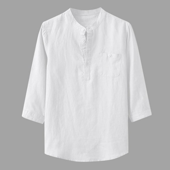Meichang Mens Cotton Linen Shirts Three Quarter Sleeve Henley Shirt 1/4 Button Up Plain Beach T-Shirt Summer Vacation Hippie T Shirts 2024 Clearance White 3XL