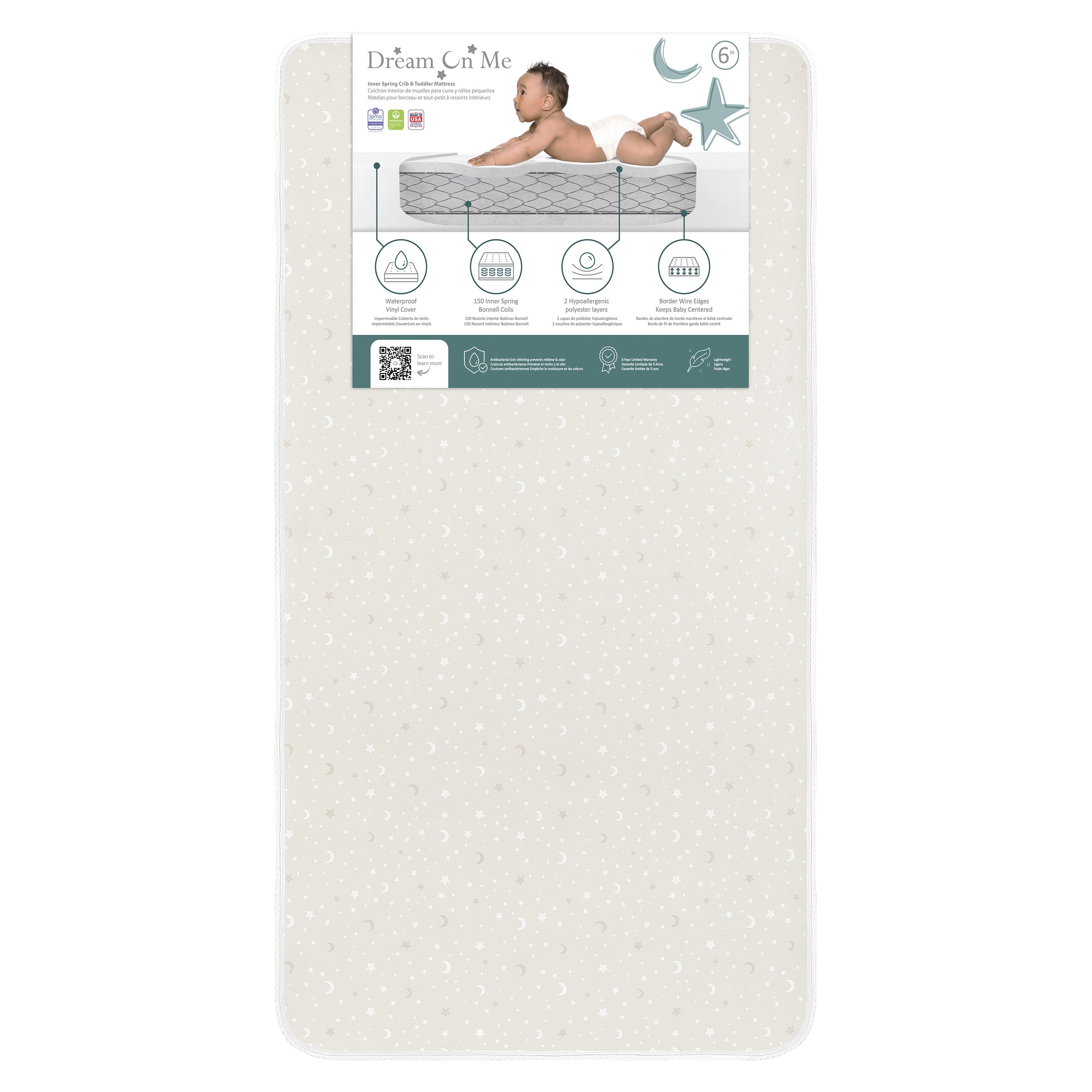 Dream On Me Starry Night Crib and Toddler Mattress / Greenguard Gold environment safe baby mattress, Grey Stars Vinyl Cover