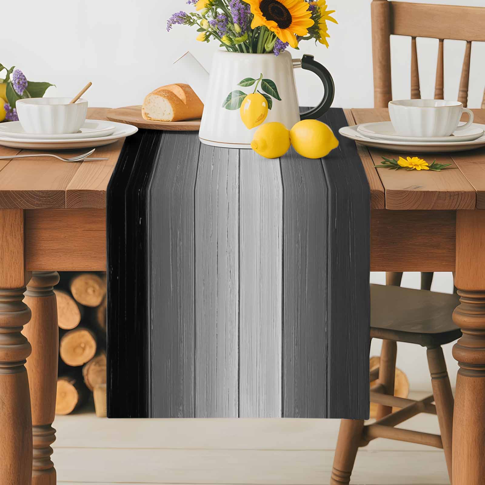 Black Gray Ombre Cotton Linen Table Runner for Dining Kitchen, Vintage Country Wooden Wedding Outdoor Party Tablerunners Decoration, Dresser Scarf Coffee Tablecloth Runners 13x72 Inches