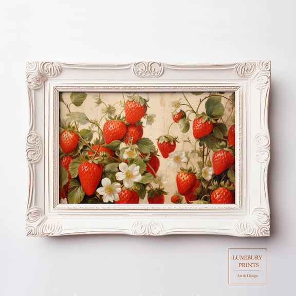 Vintage Strawberry Botanical Print, Rustic Fruit Wall Art, Country Kitchen Decor, Farmhouse, Cottagecore Art Home Decor #2040, Unframed Poster Size 8x12