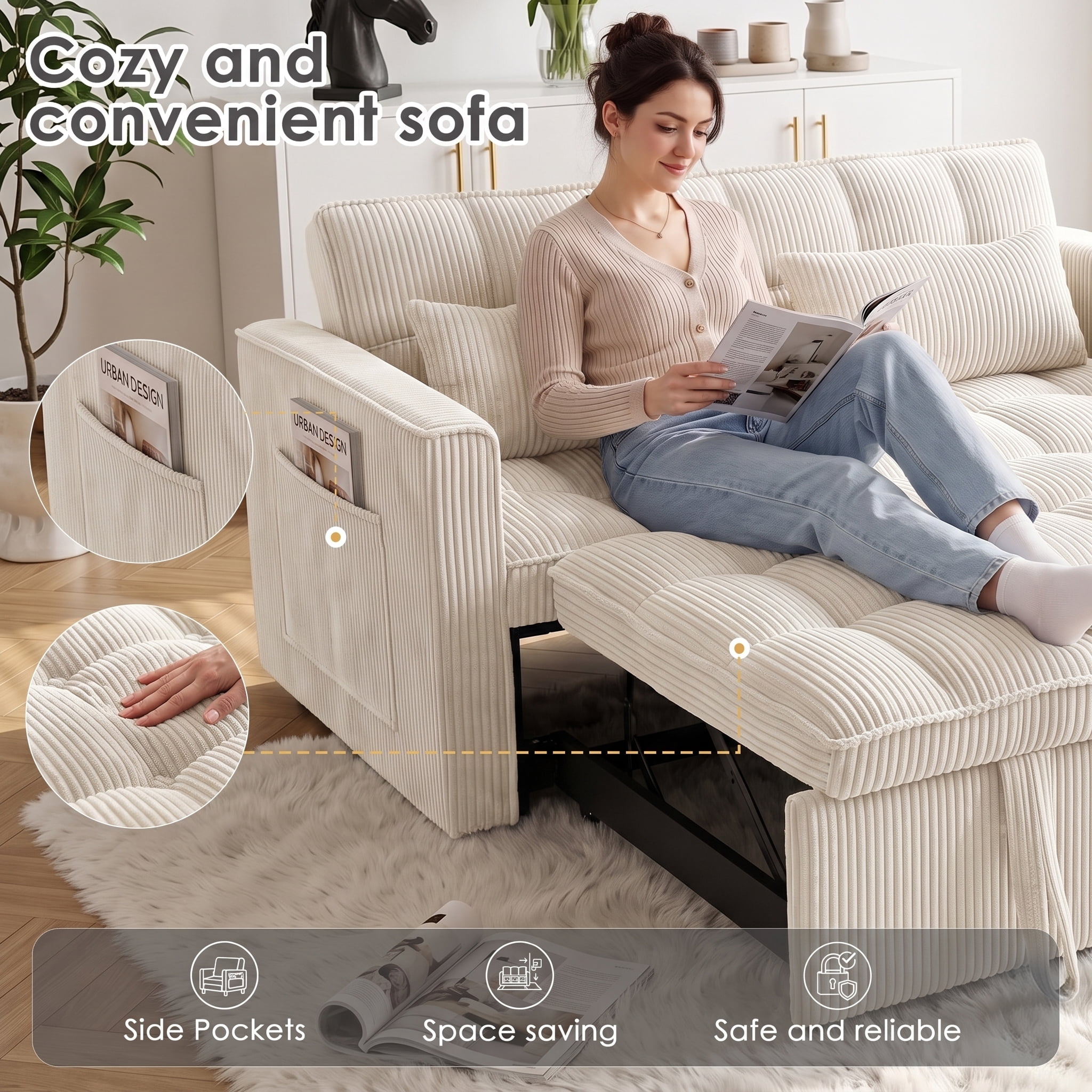 ShiKeyi 54" Corduroy Convertible Sofa Bed, 3 in 1 Pull Out Sleeper Sofa, Loveseat Couch with Storage Pocket, Beige