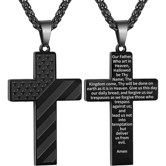 Metaljc Cross Necklace Bible Verse Stainless Steel American Flag Pendant Chain for Men Jewelry Gift