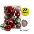 thumbnail image 1 of Esferas para árbol de navidad Artego SUPER Mix de 22 esferas tamaños 15cmx2 , 8cmx4 , 7cmx4 , 5cmx4 , 4cmx8 Mix * Línea Paladium 4 acabados distintos, tono Rojo, champagne verde y café, 1 of 6