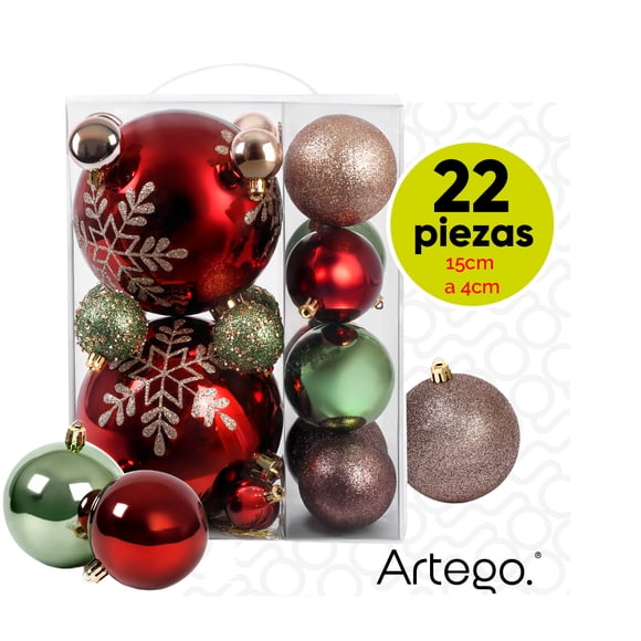 Esferas para árbol de navidad Artego SUPER Mix de 22 esferas tamaños 15cmx2 , 8cmx4 , 7cmx4 , 5cmx4 , 4cmx8 Mix * Línea Paladium 4 acabados distintos, tono Rojo, champagne verde y café