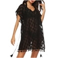 thumbnail image 3 of Tqyyweavej Women's Beach Crochet Cover Up Sexy Lace Sheer Short Length Sleeve Swimsuit Coverup Free Size V Neck Solid Color Swim Cover Up with Tassels, 3 of 10