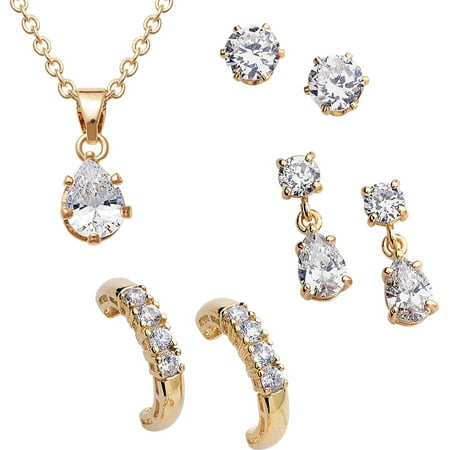 14.46 Carat T.G.W. CZ 14kt Gold-Plated Pendant With 3 Piece Earring Set