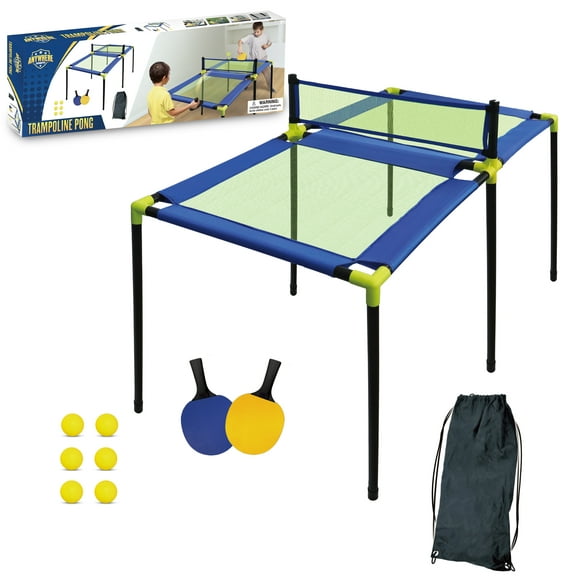 Anywhere Sports - Portable Trampoline Ping Pong Table Tennis Game for Indoor or Outdoor Use, Includes Two Paddles, Six Balls, Storage Bag, and Complete Table