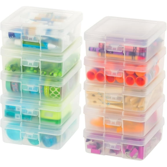 IRIS USA 10 Pack Small Plastic Hobby Art Craft Supply Organizer Storage Containers with Latching Lid, for Pencil Case, Crayon, Ribbons, Wahi Tape, Beads, Sticker, Yarn, Ornaments, Stackable, Clear