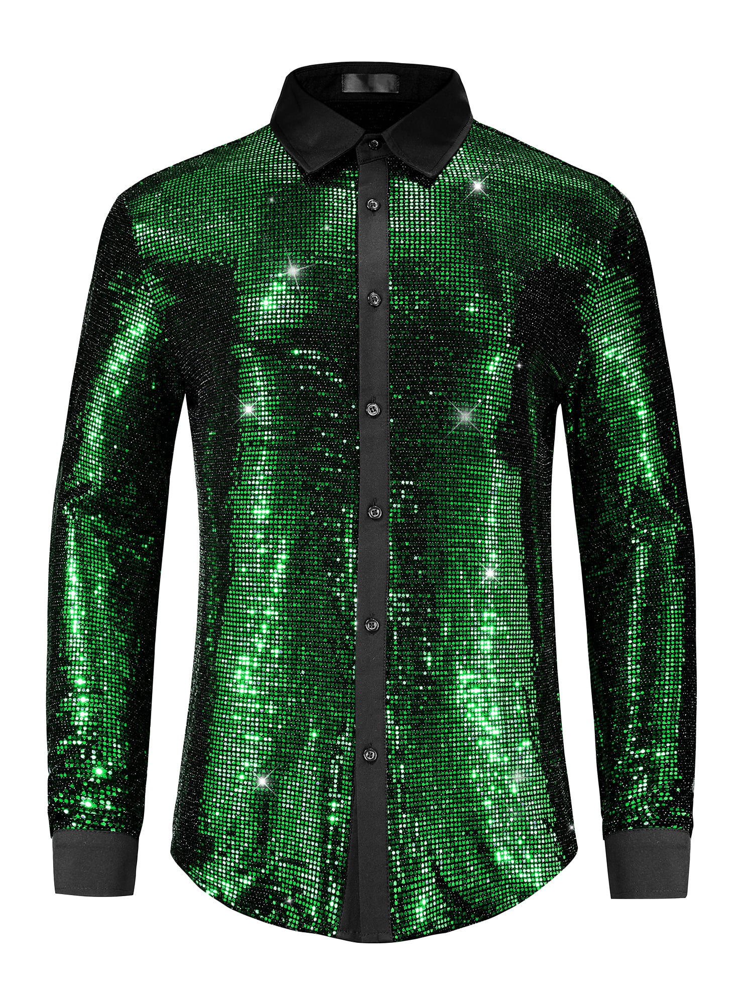 DARING DIVA Men's Sequin Long Sleeves Button Down Disco Metallic Shiny Shirts XL Green