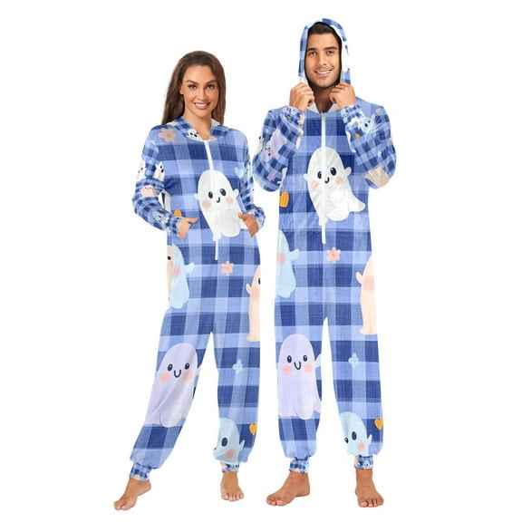 Halloween Ghost Flowers Grids Adult Onesie Pajamas Slim Fit Christmas One Piece Suit Pjs for Women and Men Hooded Zipper