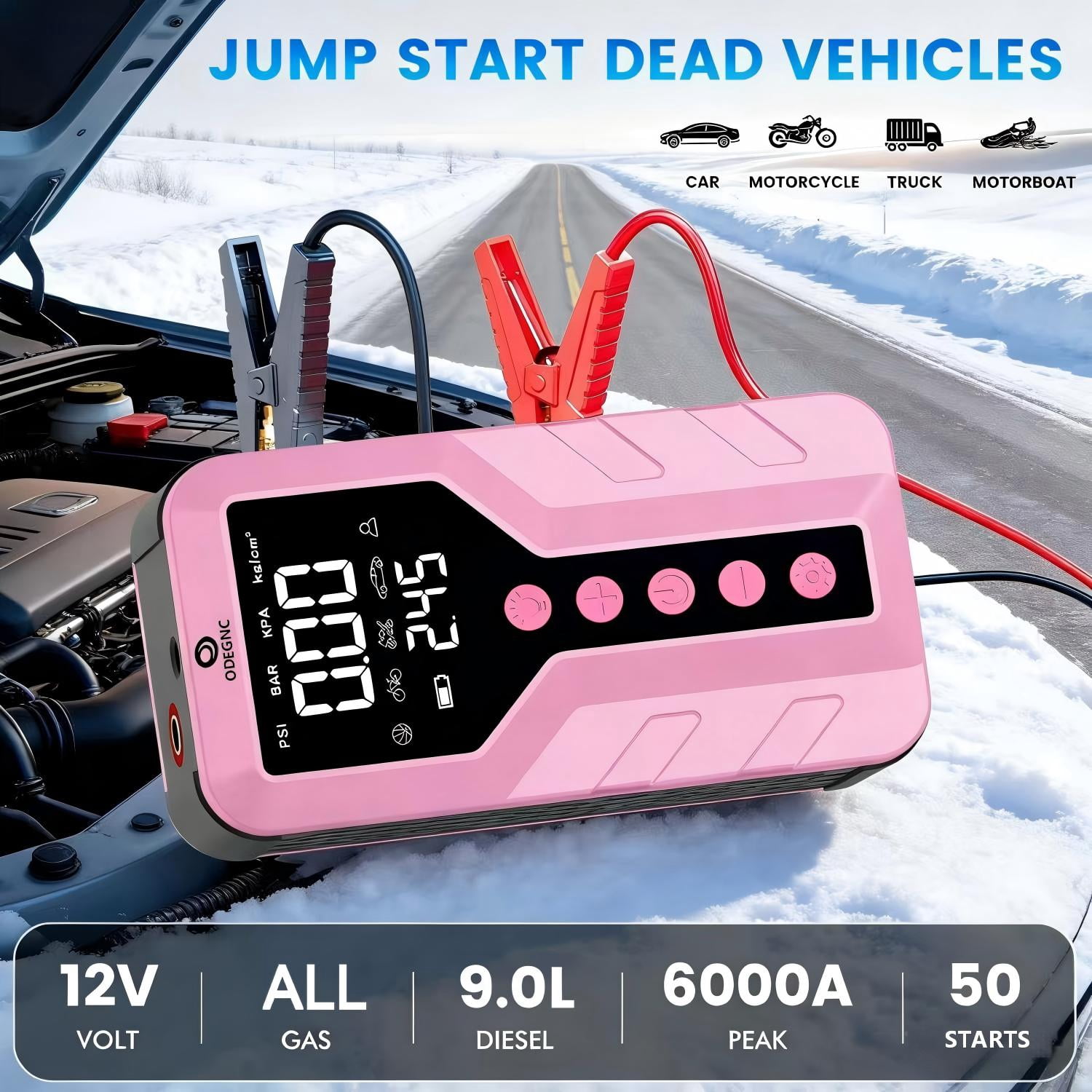 ODEGNC 6000A 25000mAh Jump Starter 150PSI Air Compressor Battery Booster Car Truck SUV LED Light USB Quick Charger