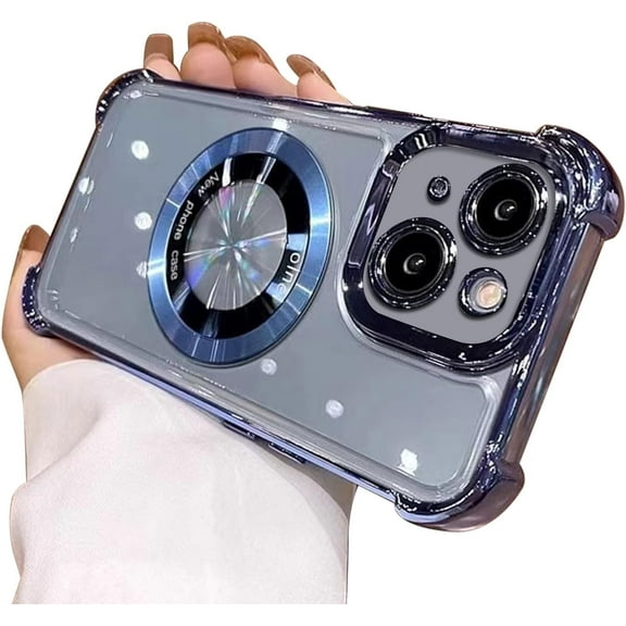 for iPhone 13 Case Clear, Compatible with MagSafe, Magnetic Luxury Electroplated Transparent Slim Hard iPhone Protective Cover, Blue