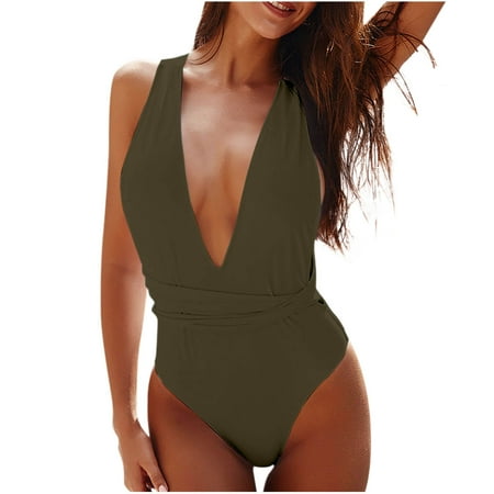 ZQGJB Women Sexy V Neck One Piece Swimsuit Summer Halter Backless Ruched Tummy Control Bathing Suit(Army Green L)