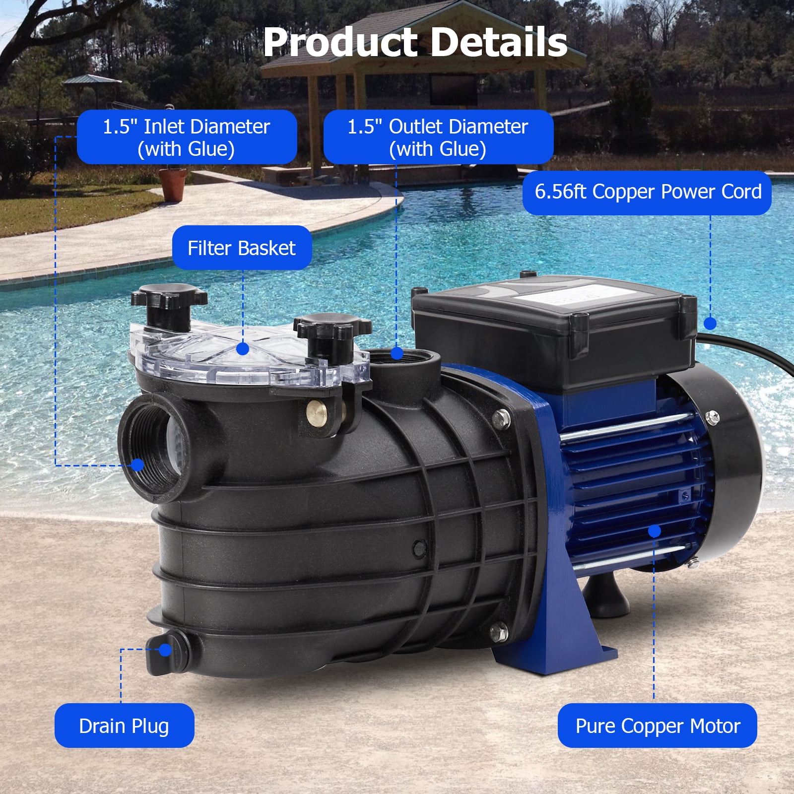 Kicctian High Current Self-Priming Pool Pump, 3/4HP 550W for Inground & Above Ground Pools, 2641GPH, Low Noise, with Filter Basket, Single Speed, Thermal Overload Protection for Clean Water