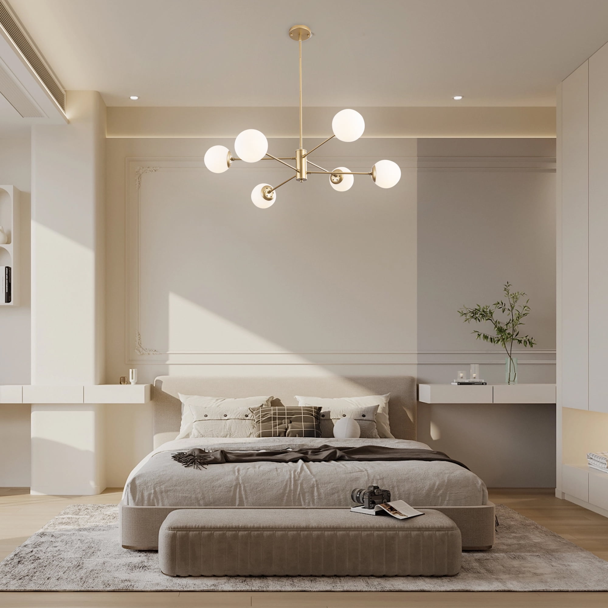 UHG 6-Light Sputnik Chandelier with Milk Glass Shades, Gold Flush Mount Ceiling Light Fixture for Living&Dining Room Bedroom, Modern Farmhouse Pendant Lighting for Kitchen Island Hallway