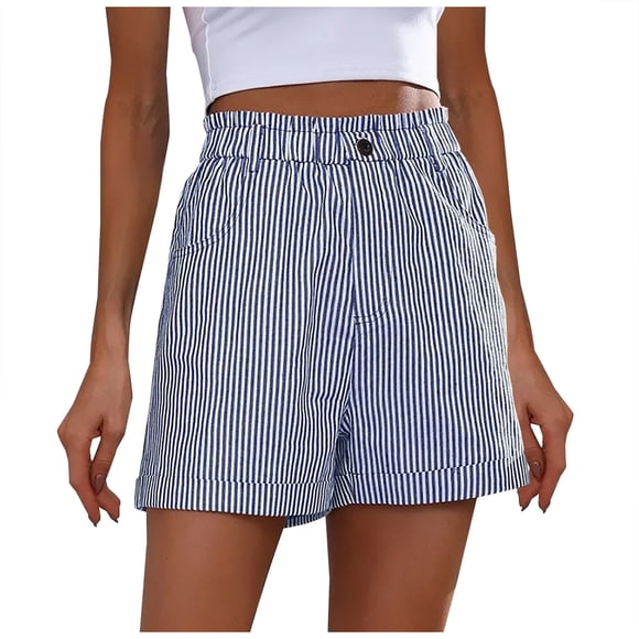 cfhntfmh Women's Striped Causal Shorts Elastic High Waisted Roll Hem 2025 Summer Beach Shorts with Pockets