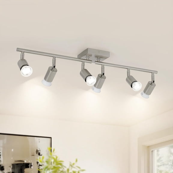 6-Light Nickel Kitchen Track Lighting, Adjustable GU10 Ceiling Light Fixture with Rotatable Heads, Modern Led Track Light for Kitchen, Dining Room, Hallway (Bulbs Not Included)