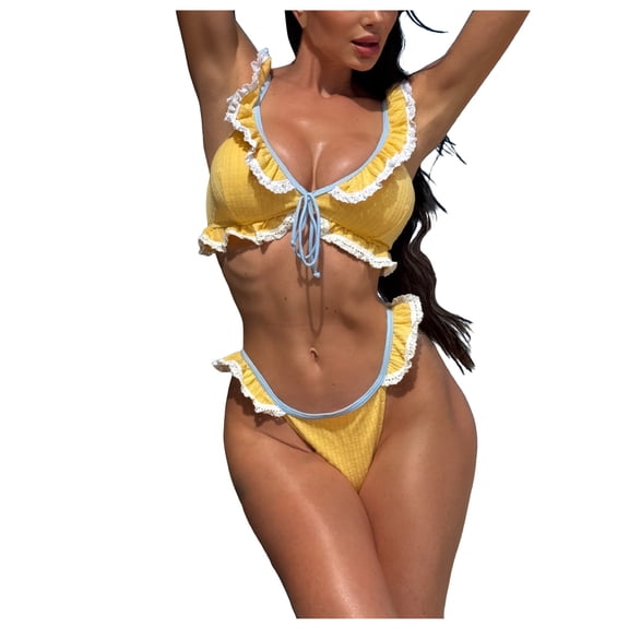 vigerkar Womens Two Piece Swimsuit Bralette Plunge Ribbed Ruffle Edge Bow Detail (Yellow, S)