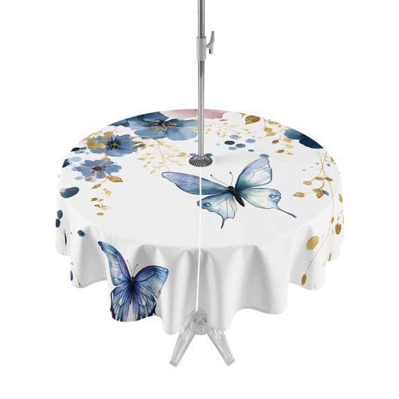 Outdoor Tablecloth with Umbrella Hole for Patio/Picnic/Party/Camping, Navy Blue Spring Floral Waterproof Table Cloth Round Cover Washable, Farmhouse Butterfly Watercolor (Dia 60")
