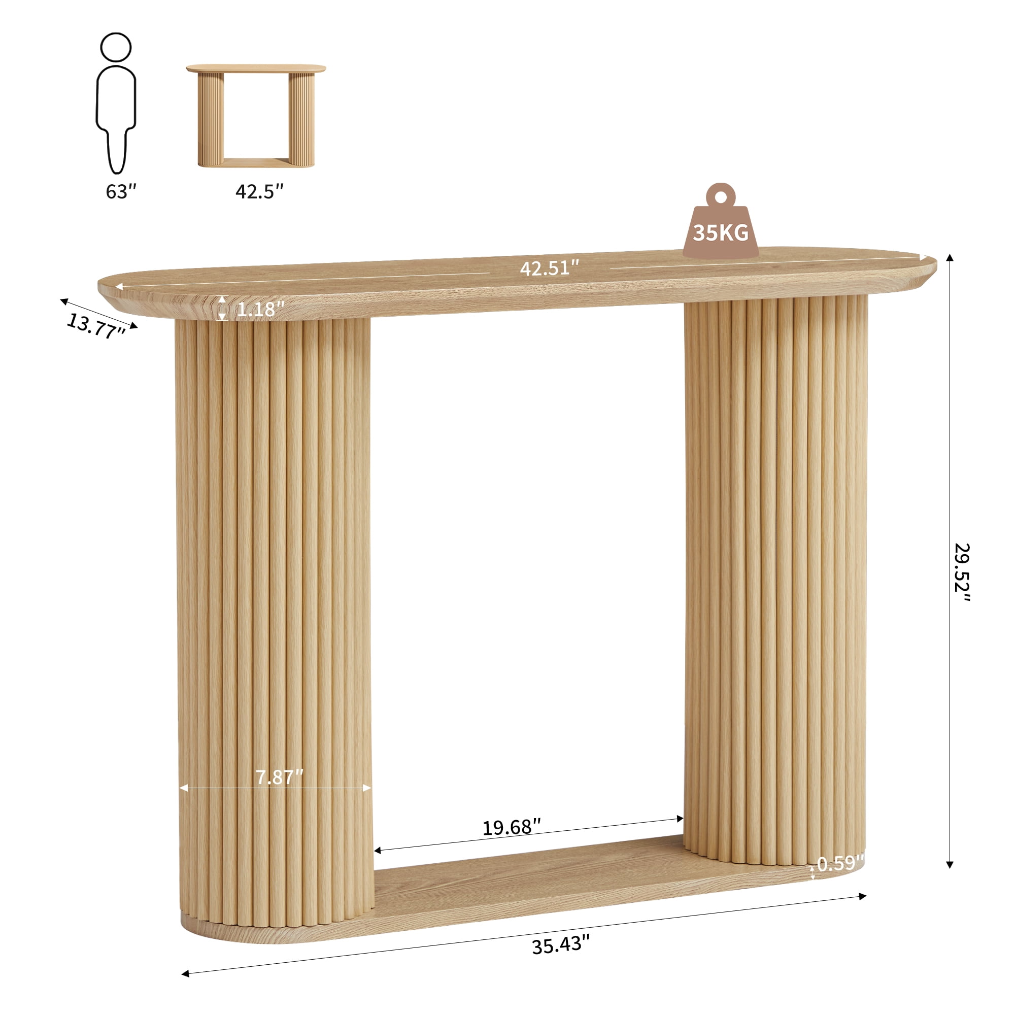 PHOYAL 42.51" Long Natural Console Table with Vertical Stripe, Oval Fluted Sofa Table with Curved Edge Design for Entryway Hallway Living Room