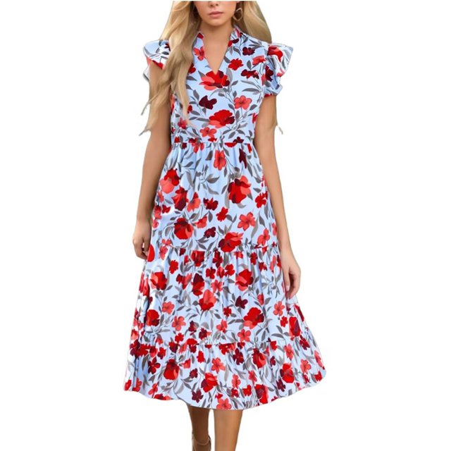 Ovzne Robes d'Été pour Femmes Robe d'Été Femme Imprimé Floral Décontracté Manches Courtes Col Rond Robe Décontractée Fluide à Étages Maxi Robe de Plage Robe Femme Imprimée Liquidation