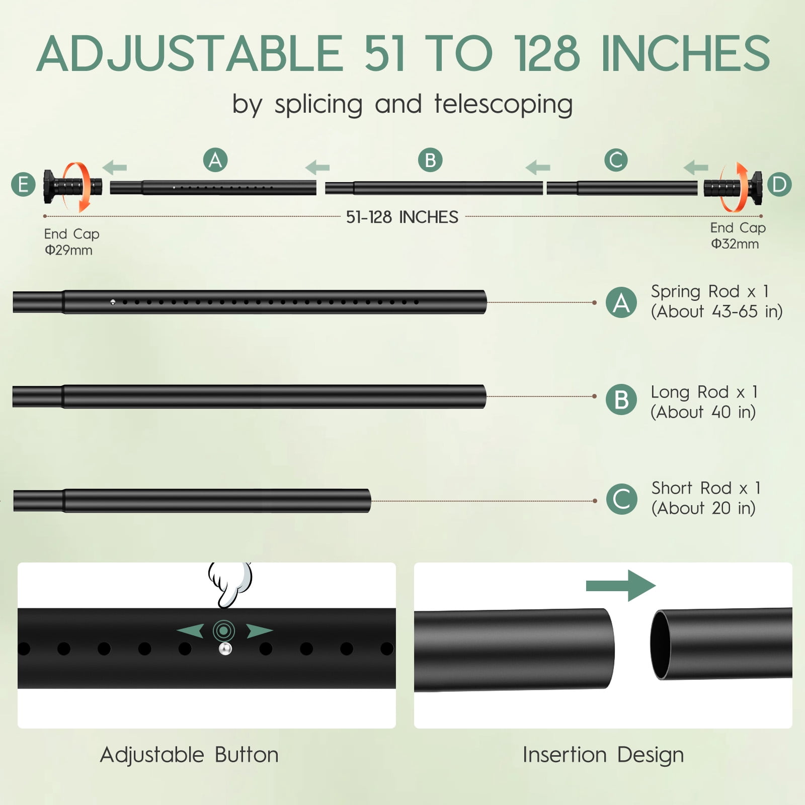 VEGCOO 45-128" Tension Curtain Rod, 2-in-1 Drill-Free or Screw-Fixed Heavy Duty Matte Black Shower Rod for Bathroom Windows Patio