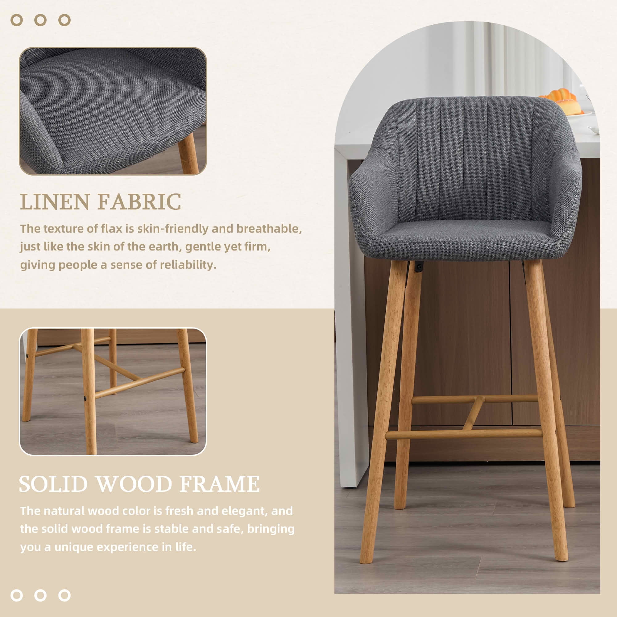 MAYEERTY Bar Stools Set of 2, Linen Kitchen Island Chairs with Back, Arms, Footrest and Solid Oak Legs, Gray